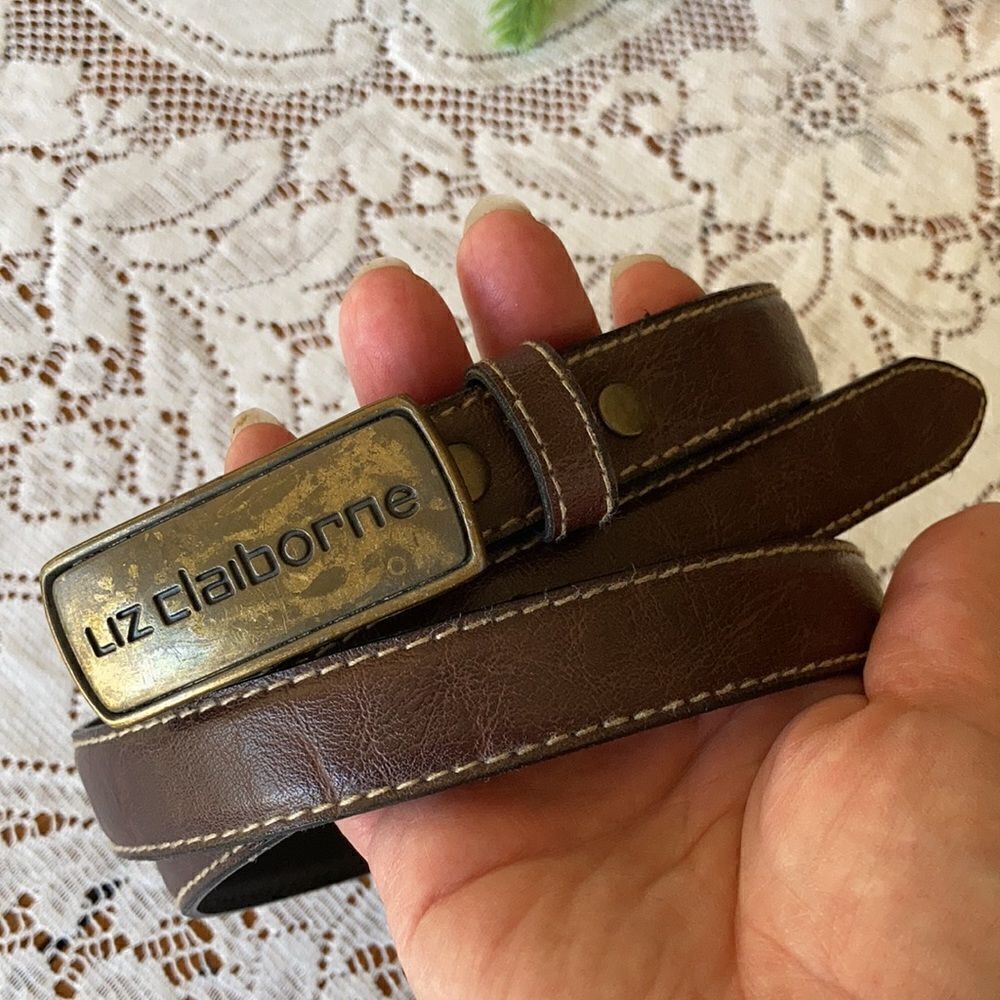 Liz Claiborne Brown Leather Belt with Bronze Buckle